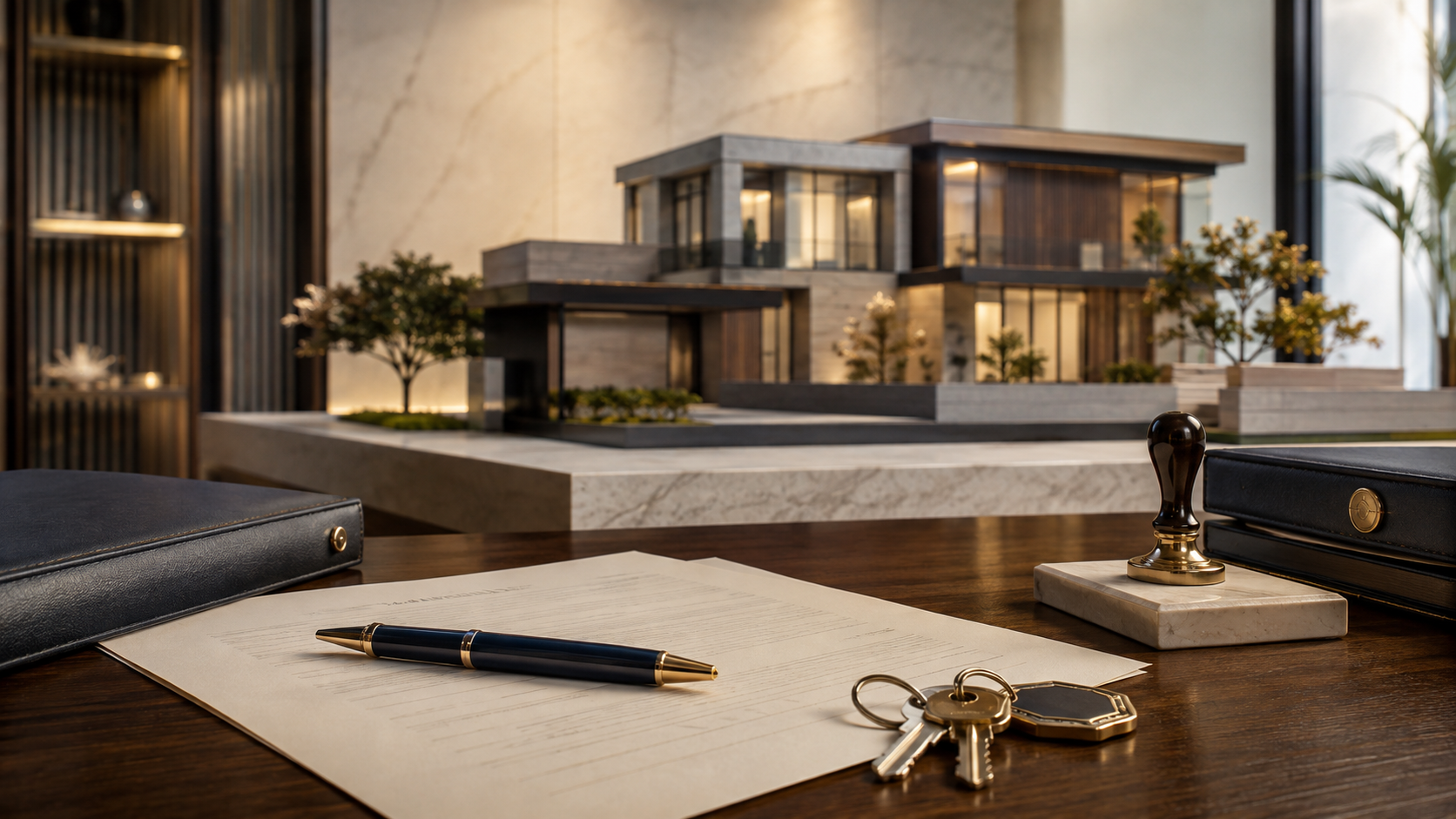 Maquete de imóvel, chaves e documentos representando uma compra e venda imobiliária